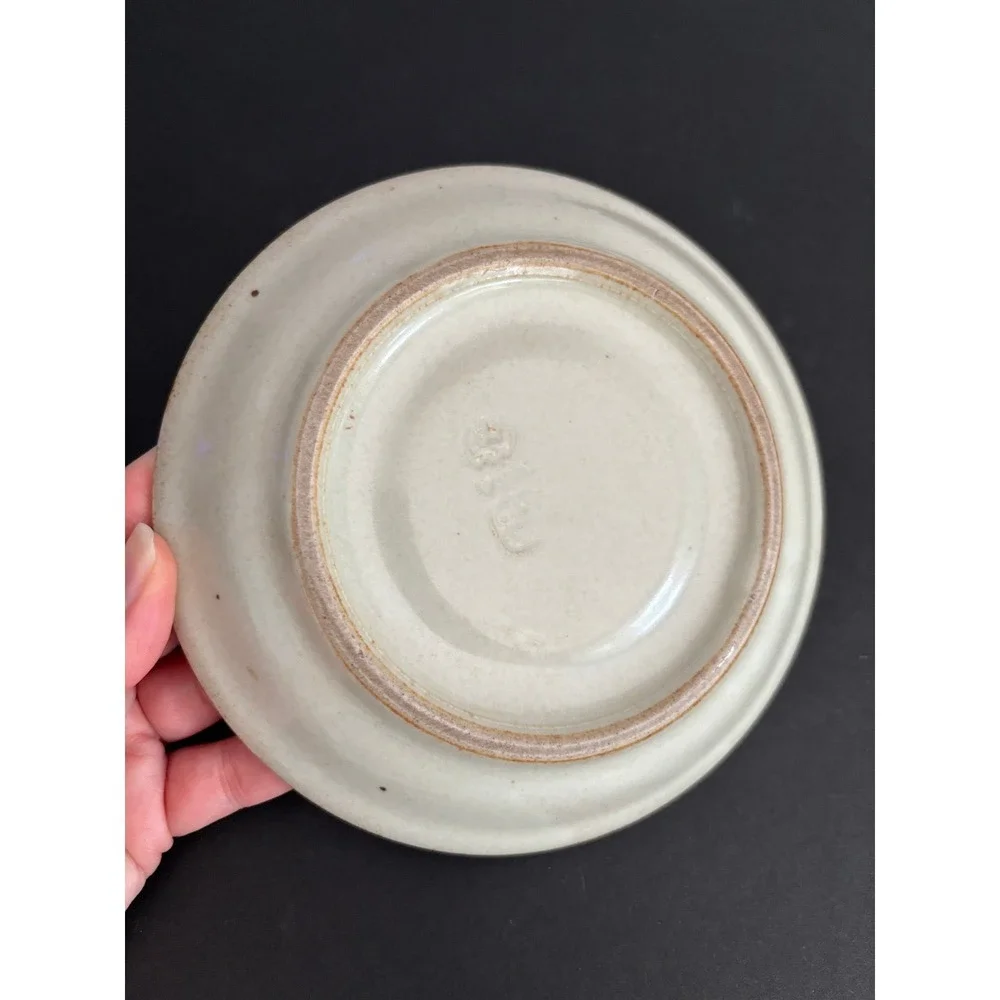 Vintage Iron Mountain Stoneware Saucer Cream Cobalt Blue Dot Minimalist 6.25